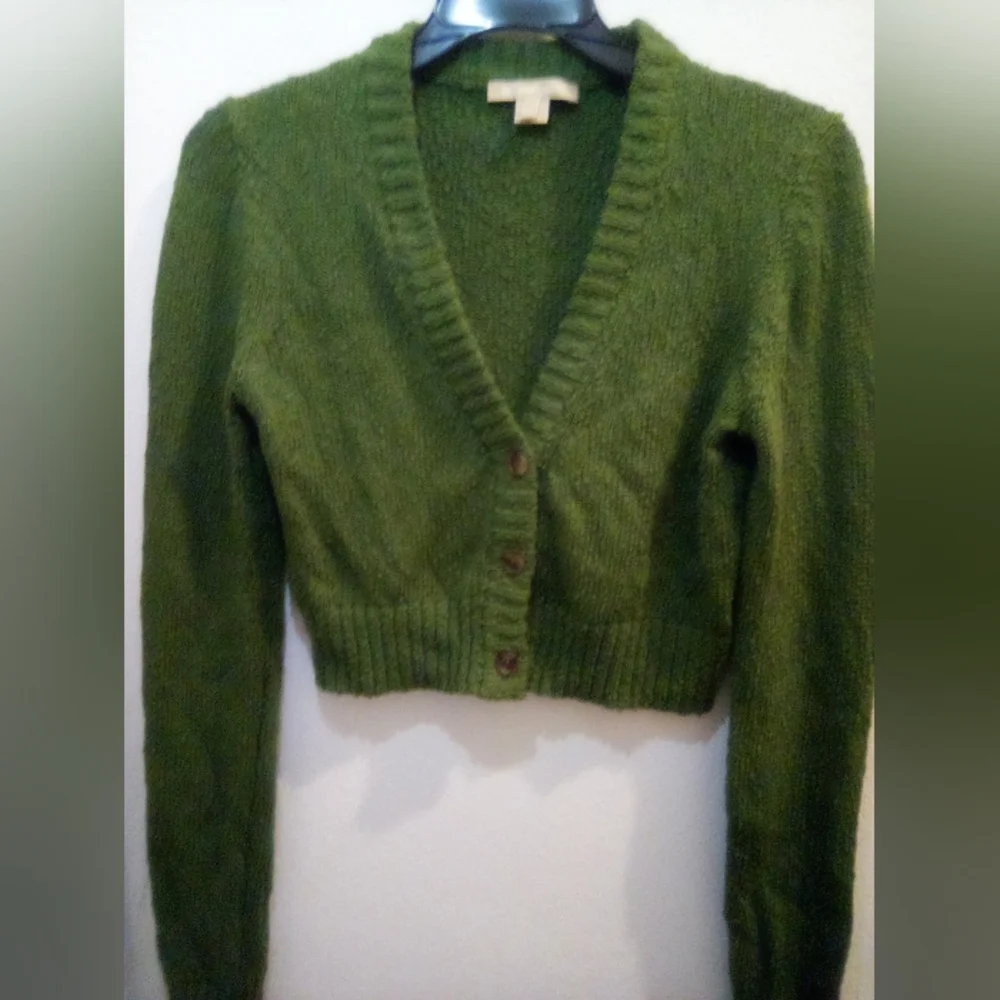 Michael Kors Green Cropped Knit Cardigan 100% Cotton Size XS Fall - Picture 2 of 14